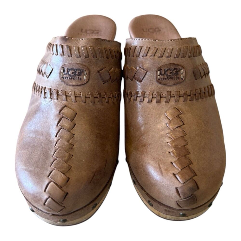 UGG Vivica Woven Leather Clogs Tan Brown Wood Platform Mules Women's Size 8